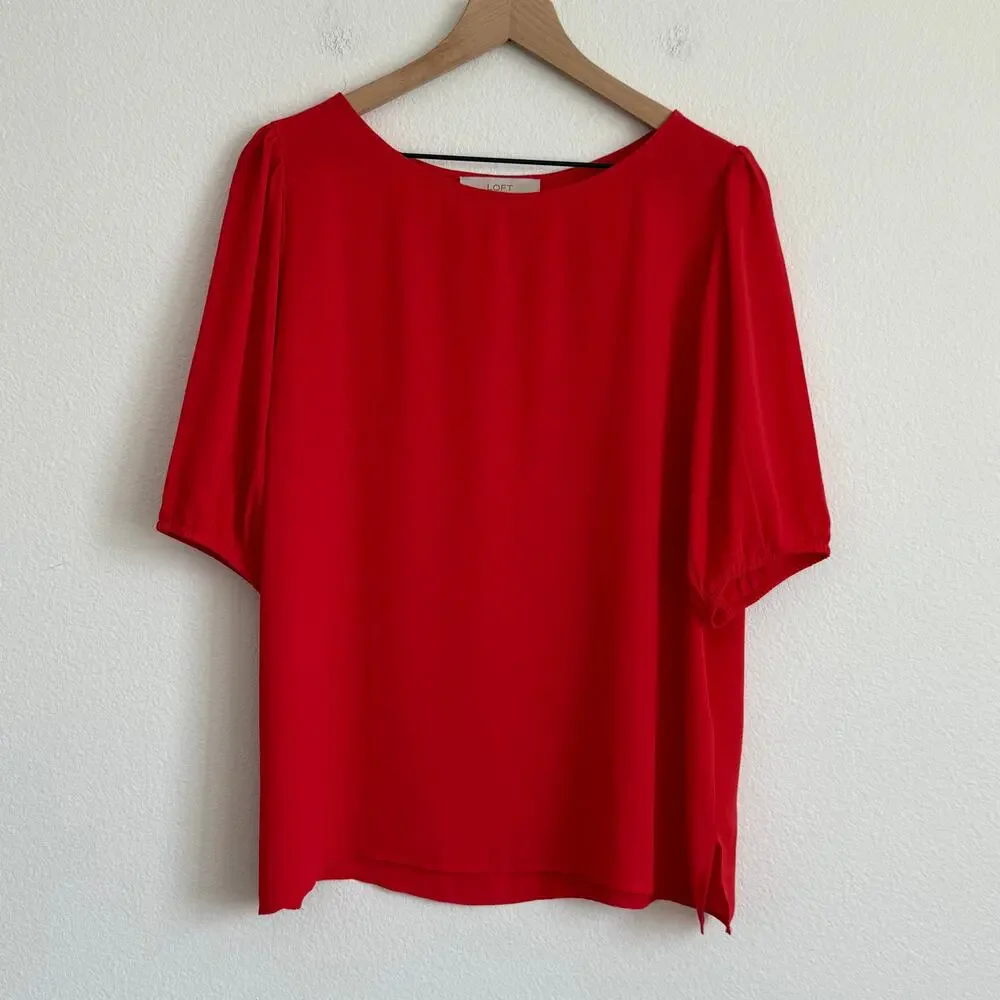 LOFT Red Blouse Lightweight Scoop Neck Scoop Neck Puff Sleeve Sheer Size L